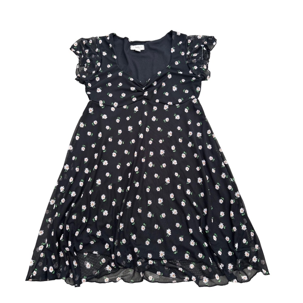 See You Monday Black Daisy Mesh Mini Dress Ruffle Sleeve Floral D8639P11 Medium